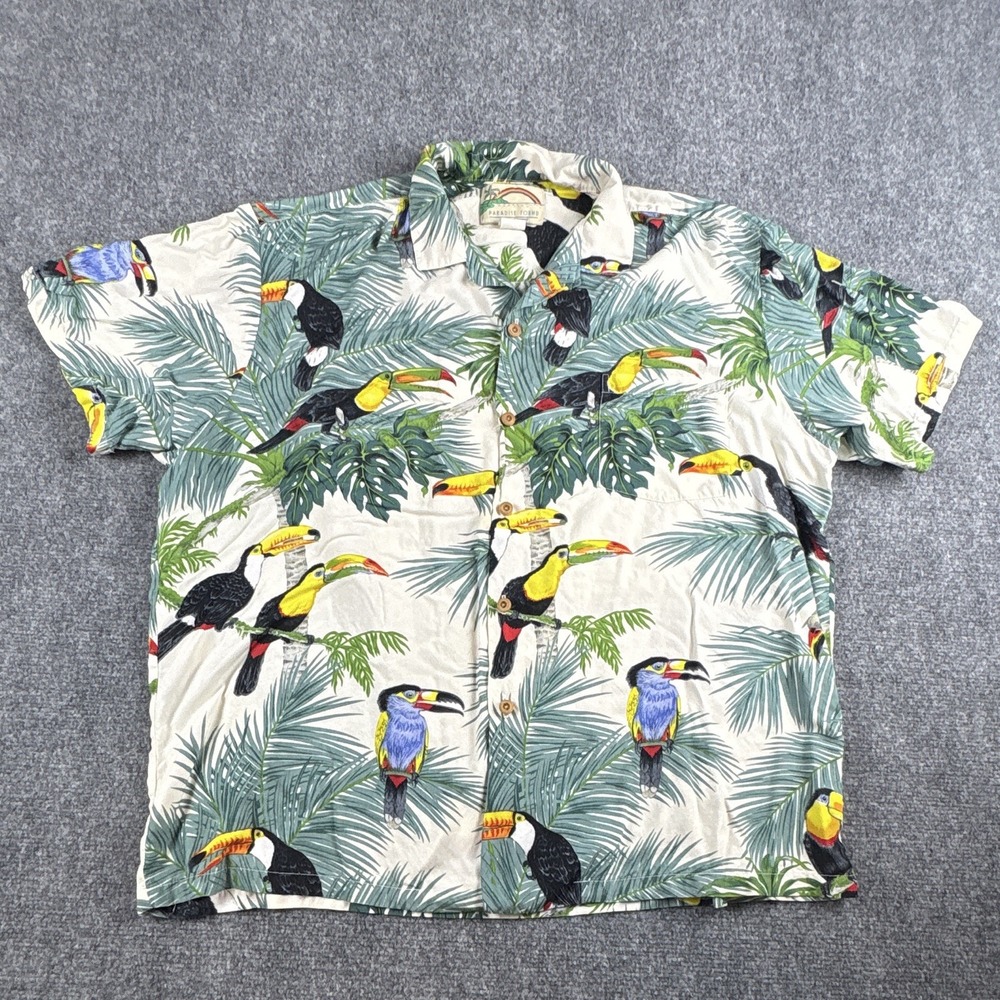 Paradise Found Honolulu Hawaii Toucan Jungle Rayon Aloha Shirt Men's XL